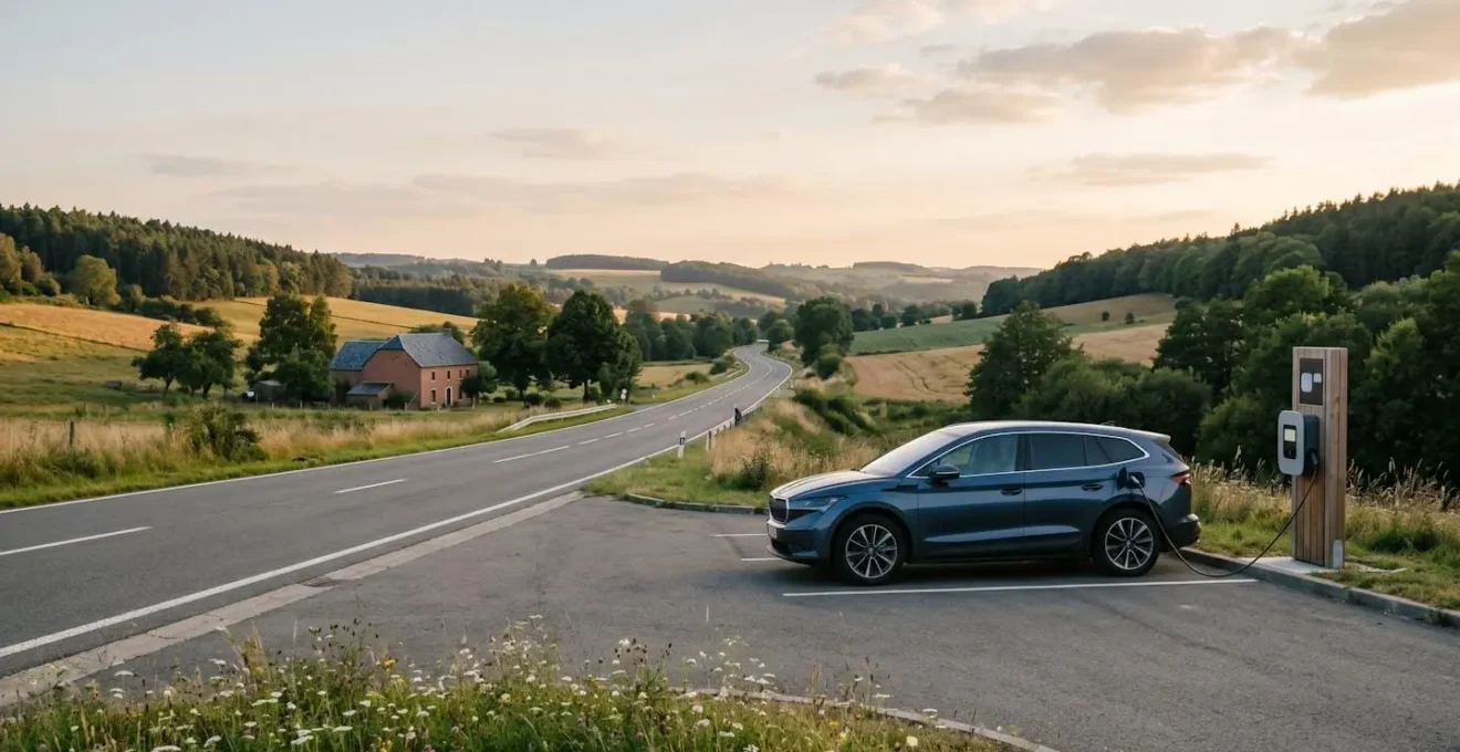 Conducteur voyageant sereinement en voiture électrique en Belgique avec infrastructure de recharge visible