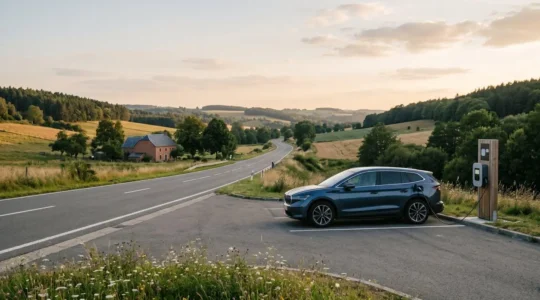 Conducteur voyageant sereinement en voiture électrique en Belgique avec infrastructure de recharge visible