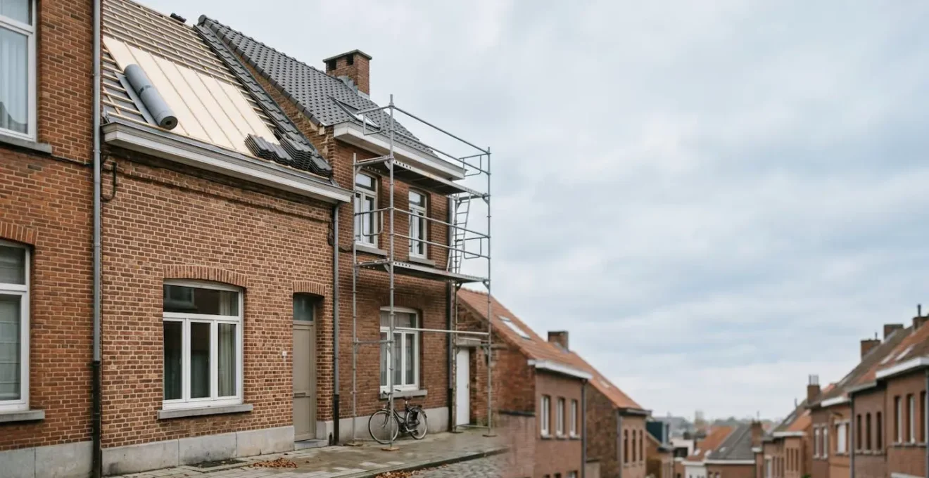 Maison belge en rénovation énergétique avec isolation de toiture visible