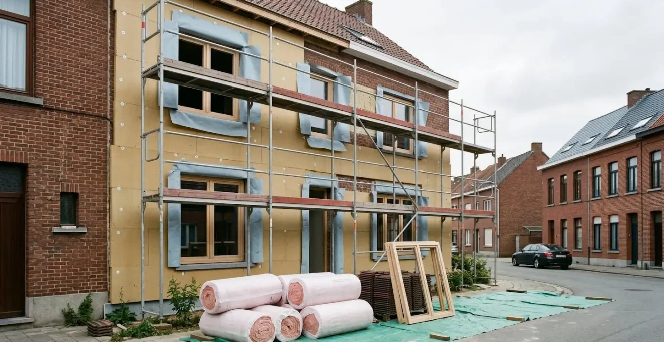 Chantier de rénovation énergétique d'une maison belge avec isolation et châssis en cours d'installation