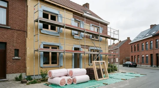 Chantier de rénovation énergétique d'une maison belge avec isolation et châssis en cours d'installation