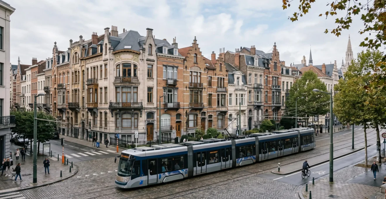 Scène de transports publics modernes à Bruxelles avec tram et ambiance urbaine belge