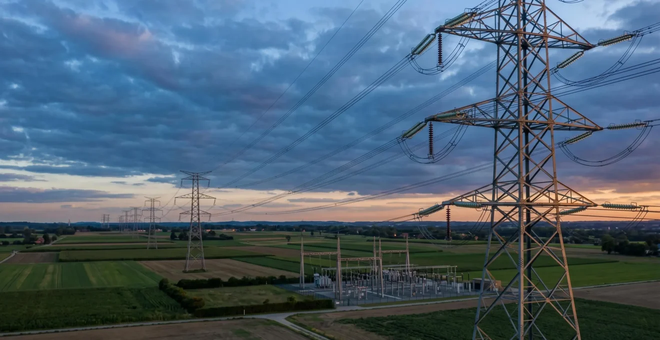 Infrastructure du réseau électrique haute tension avec câbles et transformateurs sous un ciel dramatique en Belgique
