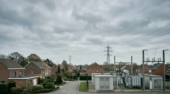 Infrastructure du réseau électrique belge avec cabines de transformation et lignes haute tension