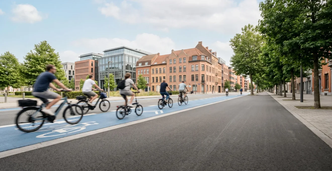 Environnement urbain moderne avec vélos électriques et trottinettes en mouvement sur infrastructure cyclable
