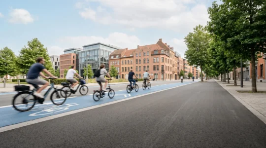 Environnement urbain moderne avec vélos électriques et trottinettes en mouvement sur infrastructure cyclable