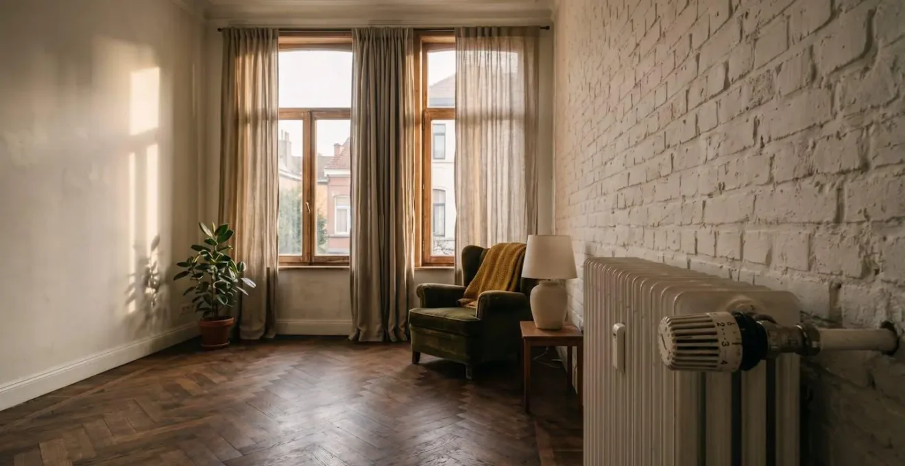 Intérieur d'une maison belge typique avec radiateurs et vannes thermostatiques, illustrant la sobriété énergétique