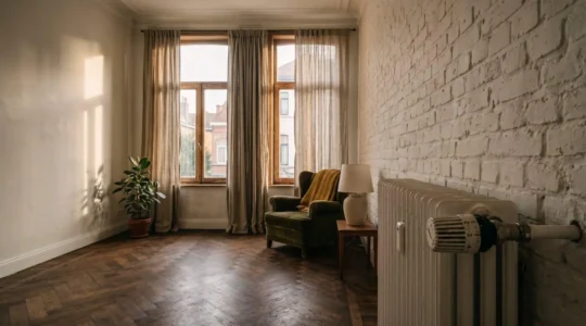 Intérieur d'une maison belge typique avec radiateurs et vannes thermostatiques, illustrant la sobriété énergétique