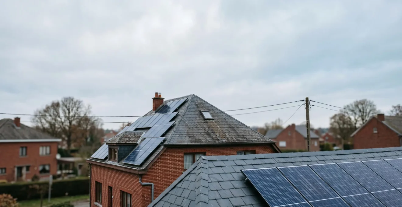 Installation de panneaux solaires photovoltaïques sur un toit wallon avec compteur électrique et réseau de distribution en arrière-plan