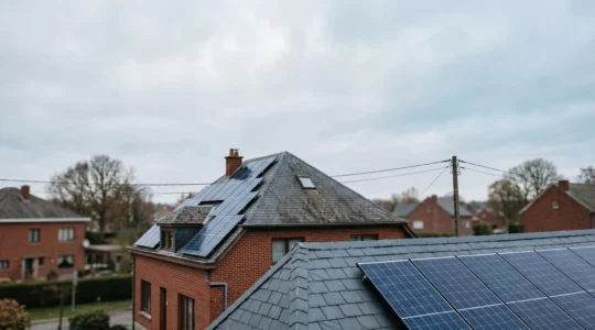 Installation de panneaux solaires photovoltaïques sur un toit wallon avec compteur électrique et réseau de distribution en arrière-plan