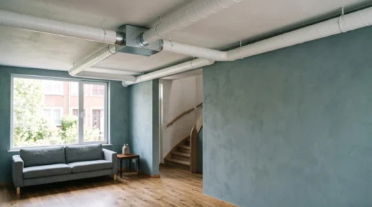 Système de ventilation double flux moderne installé dans une maison en rénovation en Belgique