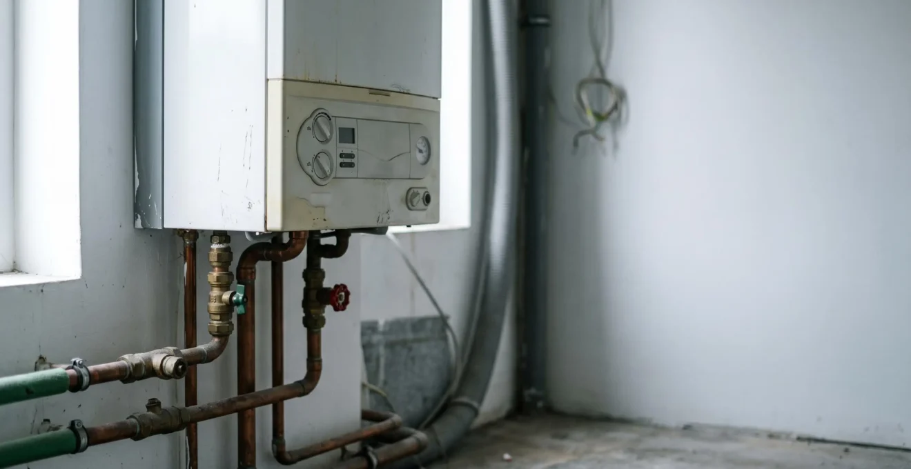 Gros plan sur une chaudière gaz murale vieillissante installée dans une chaufferie résidentielle belge avec tableau de contrôle et tuyauterie apparente
