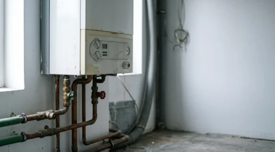 Gros plan sur une chaudière gaz murale vieillissante installée dans une chaufferie résidentielle belge avec tableau de contrôle et tuyauterie apparente