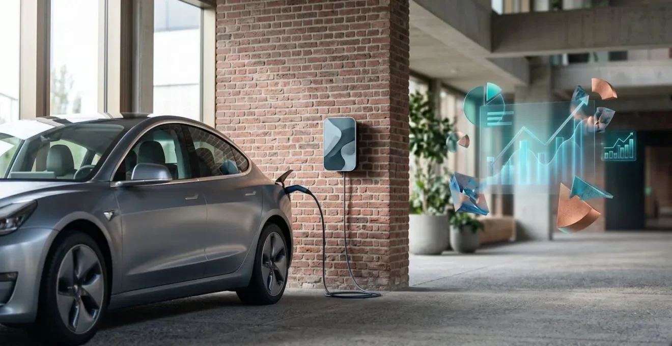 Voiture électrique moderne en recharge avec interface de calcul de coût, environnement urbain belge en arrière-plan