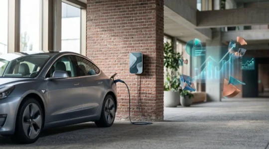 Voiture électrique moderne en recharge avec interface de calcul de coût, environnement urbain belge en arrière-plan
