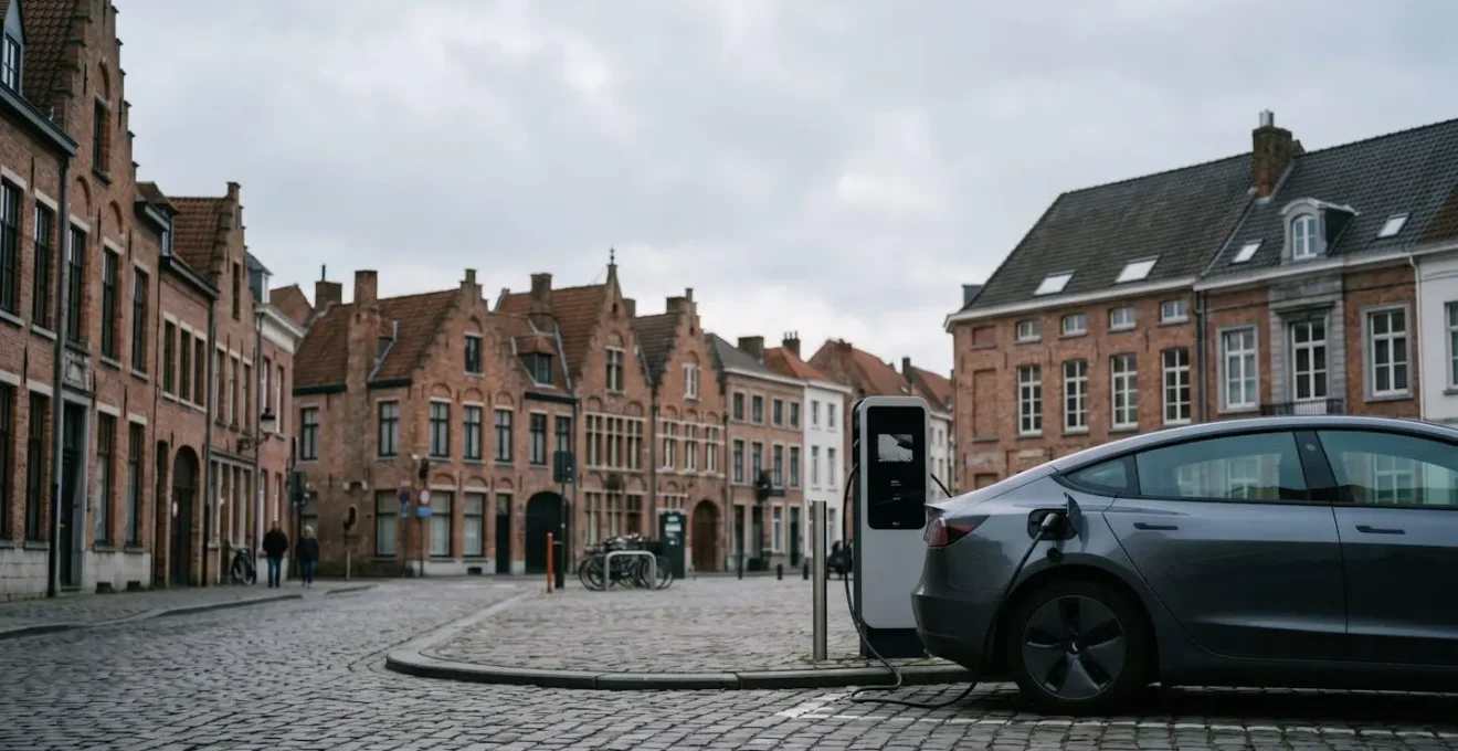 Voiture électrique moderne connectée à une borne de recharge dans un environnement urbain belge