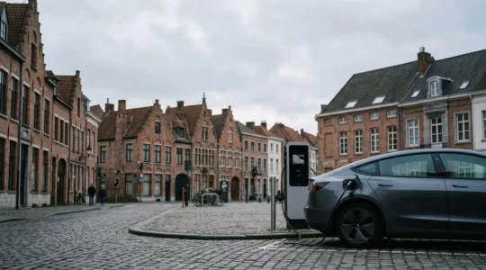 Voiture électrique moderne connectée à une borne de recharge dans un environnement urbain belge