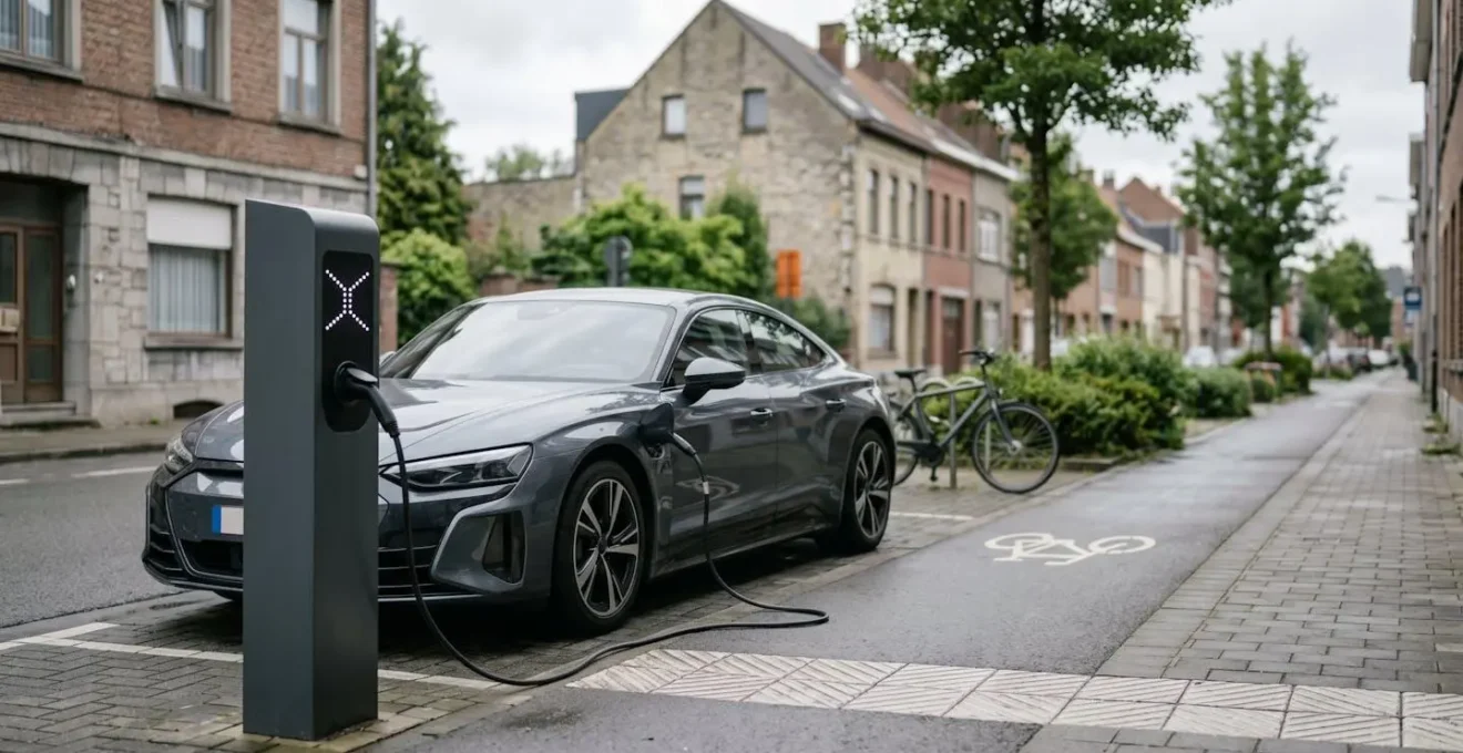 Vue d'ensemble d'une voiture électrique moderne branchée à une borne de recharge publique avec un paysage urbain belge en arrière-plan