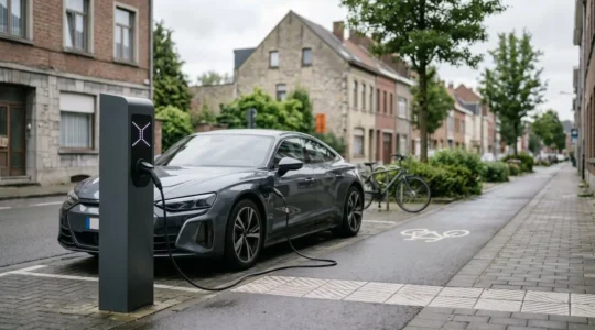 Vue d'ensemble d'une voiture électrique moderne branchée à une borne de recharge publique avec un paysage urbain belge en arrière-plan