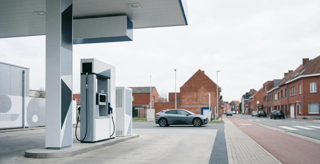 Vue grand angle d'une station de ravitaillement à hydrogène moderne en Belgique avec véhicule zéro émission