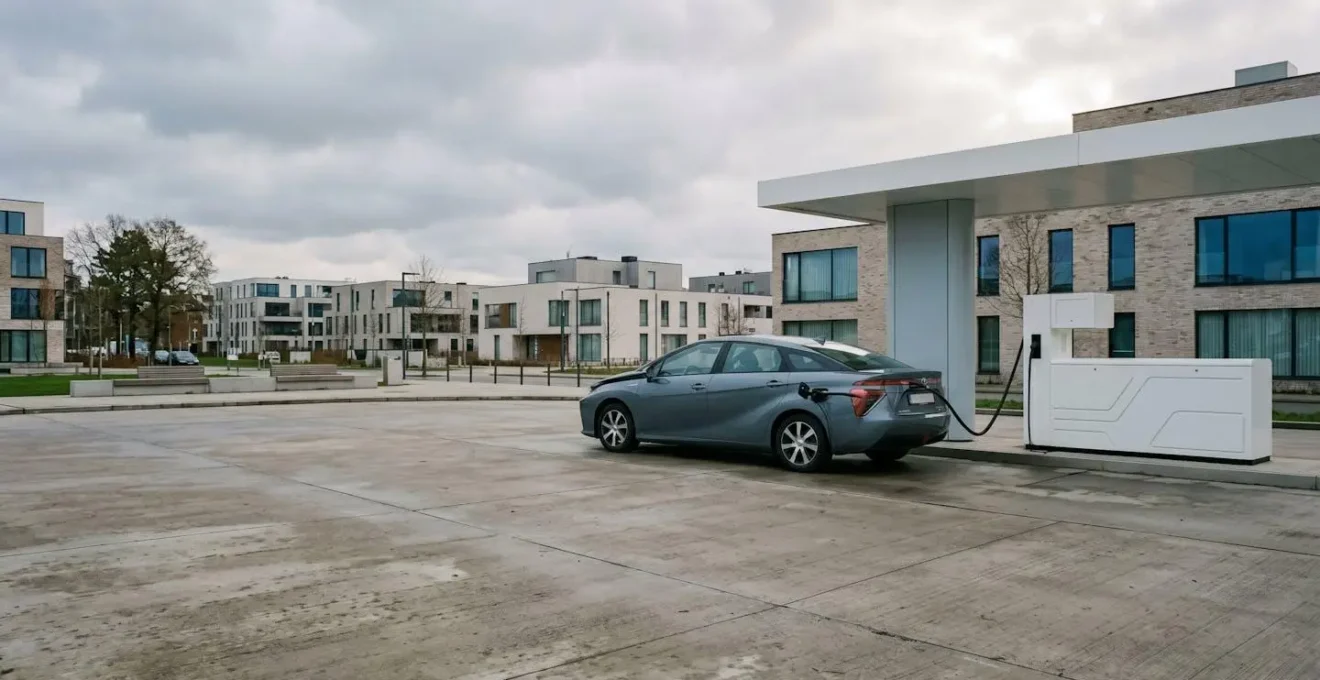 Station de ravitaillement en hydrogène moderne avec voiture en cours de recharge, évoquant le débat sur la viabilité de cette technologie pour les particuliers