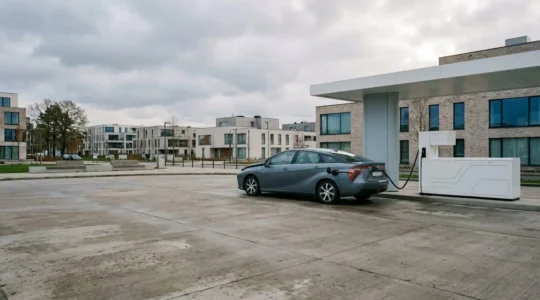 Station de ravitaillement en hydrogène moderne avec voiture en cours de recharge, évoquant le débat sur la viabilité de cette technologie pour les particuliers